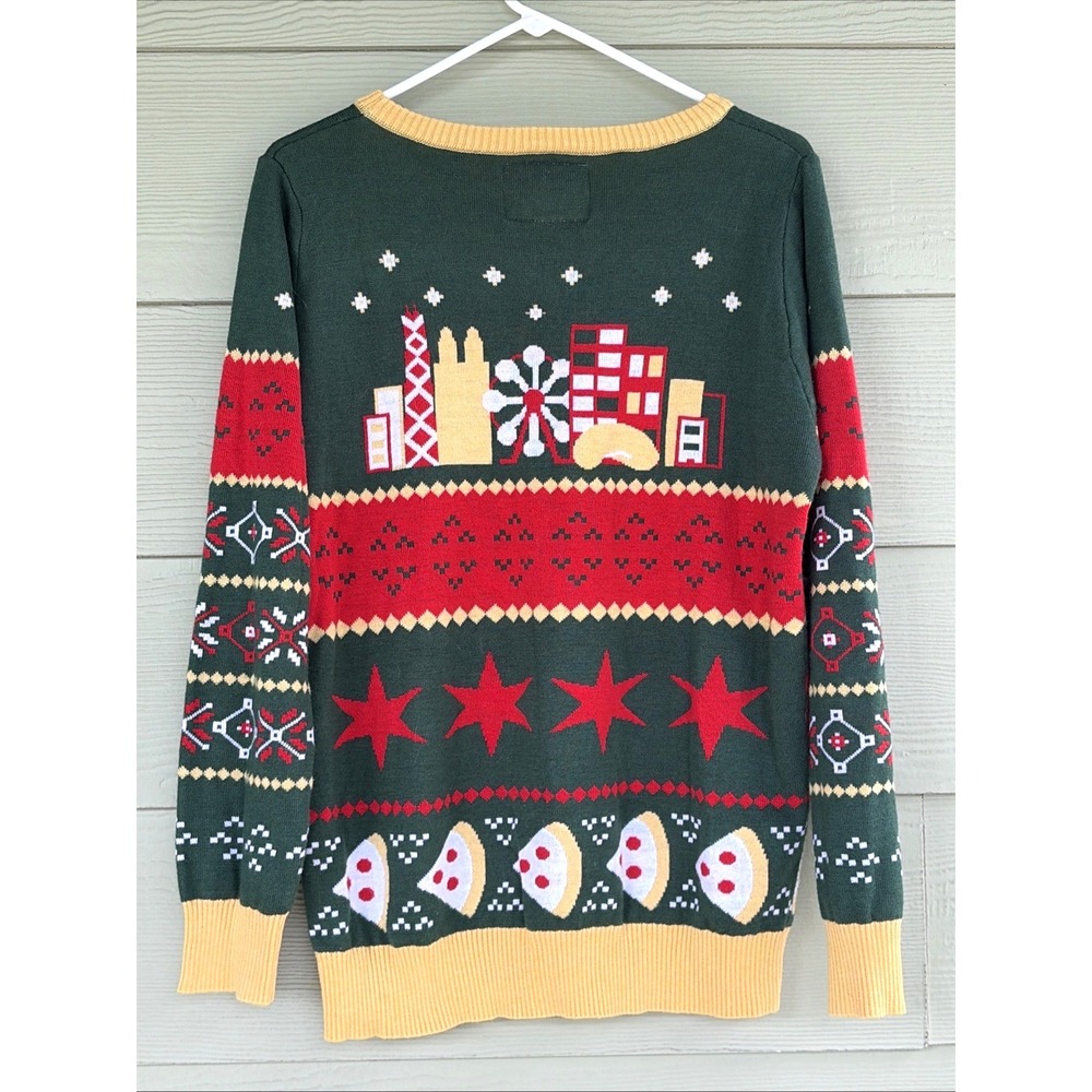 Tipsy Elves CHICAGO Skyline Pizza Ugly Christmas Holiday Crewneck Sweater Large - Picture 4 of 6